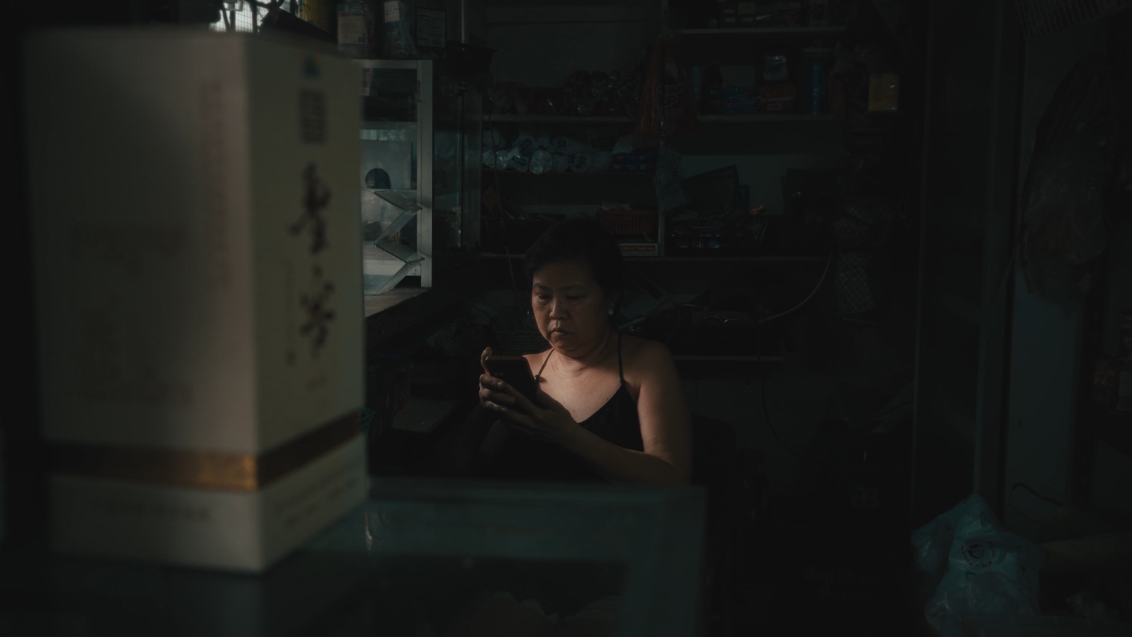 Flor lit by a single shaft of light inside her dark shop